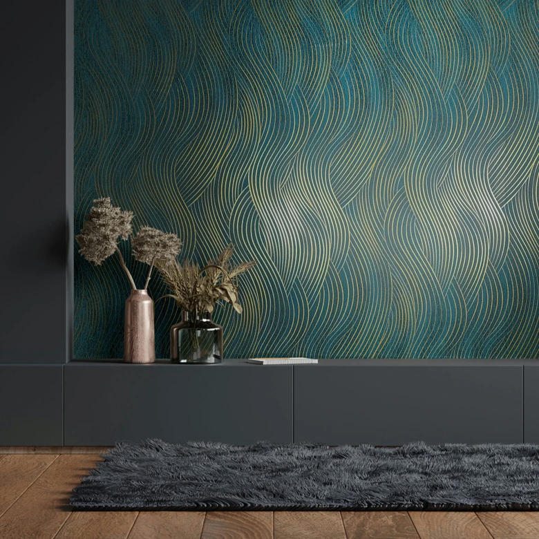 Papel pintado no tejido de color verde, dorado textura ondulada aspecto gráfico moderno  