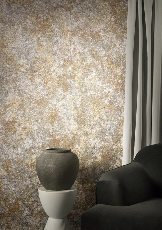 Vliesbehang in betonlook en lichte steenlook met bruine textuur 