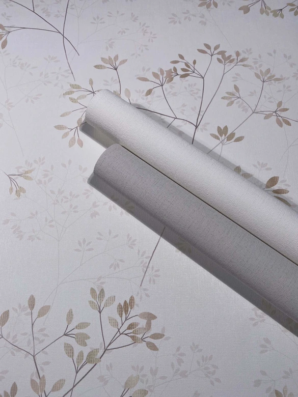 Tapeta z włókniny liście kwiatowe natura matowa w kolorze biało-beżowym 