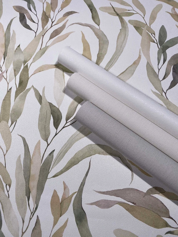 Vliestapete Blätter Floral Natur matt in Weiß Grau Beige 