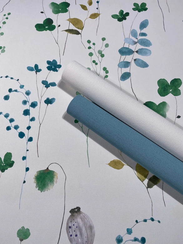 Tapeta z włókniny liście, gałęzie kwiatowa natura matowa w kolorze białym zielonym 