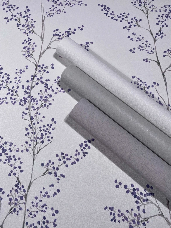 Vliestapete Blätter, Äste Floral Natur matt in Weiß Lila 