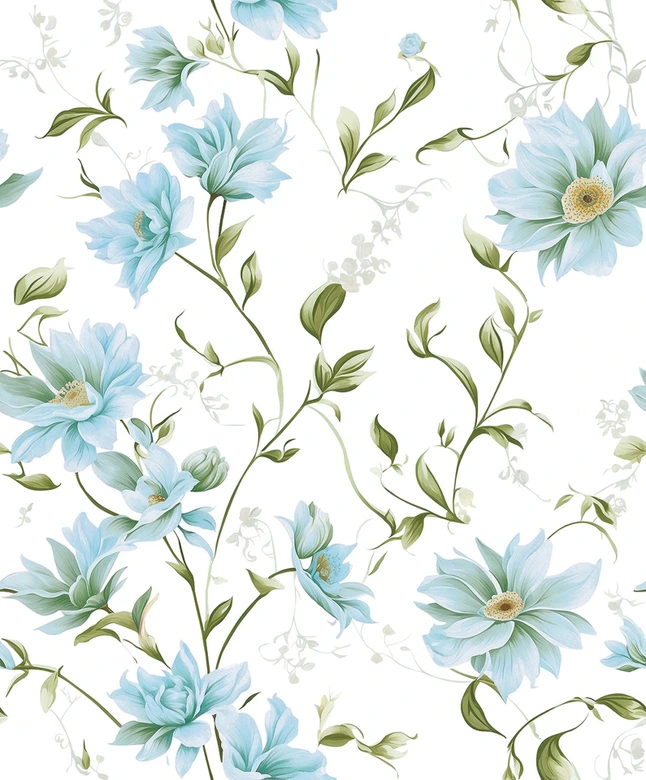 Vliestapete Blumen, Blätter Floral Natur matt in Weiß Grün Blau 