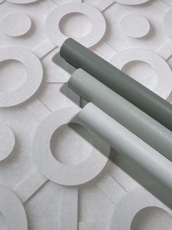 Papel pintado no tejido gráfico 3D aspecto moderno, círculos mate en blanco grisáceo 
