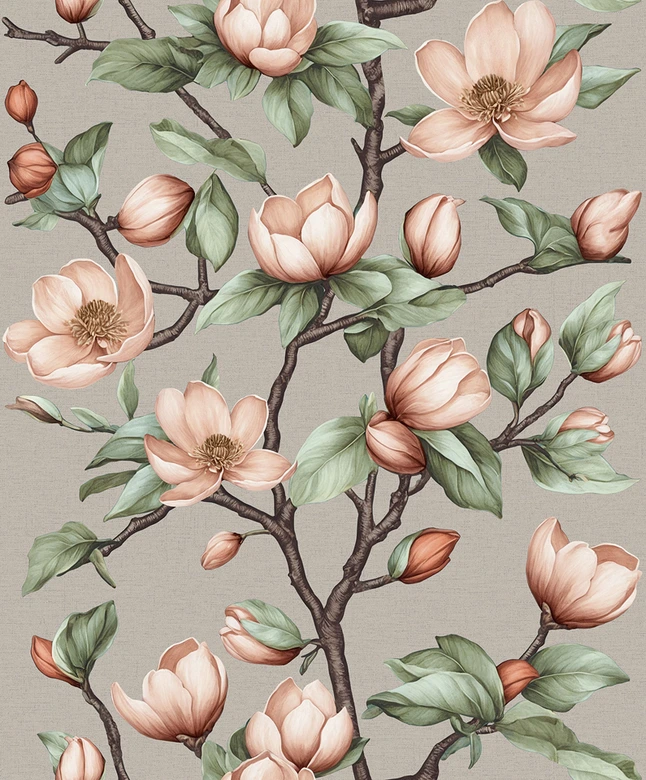 Vliestapete Äste, Blumen Floral Natur matt in Grau Braun Grün 