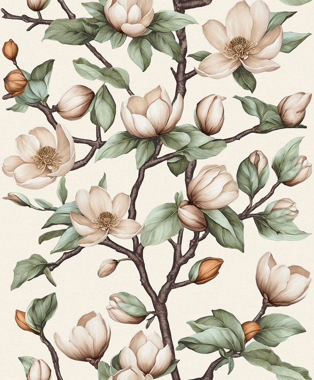 Vliesbehang takken, bloemen bloemen natuur mat in beige bruin groen 