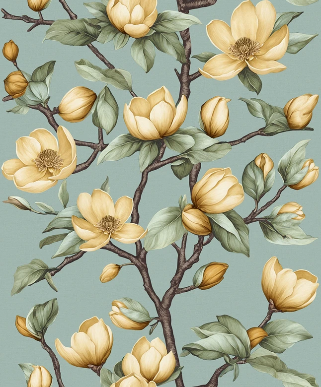 Vliestapete Äste, Blumen Floral Natur matt in Grün Gelb 