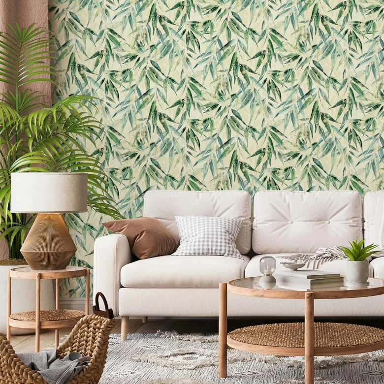 Icke-vävd tapet löv blommig natur matt i gult 