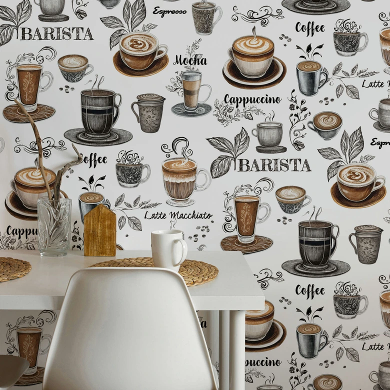 Vliestapete Kaffenmotiv Grafisch Modern matt in Weiß 