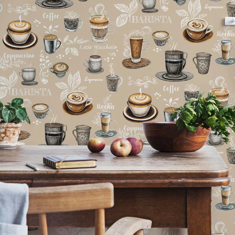 Vliestapete Kaffenmotiv Grafisch Modern matt in Beige 