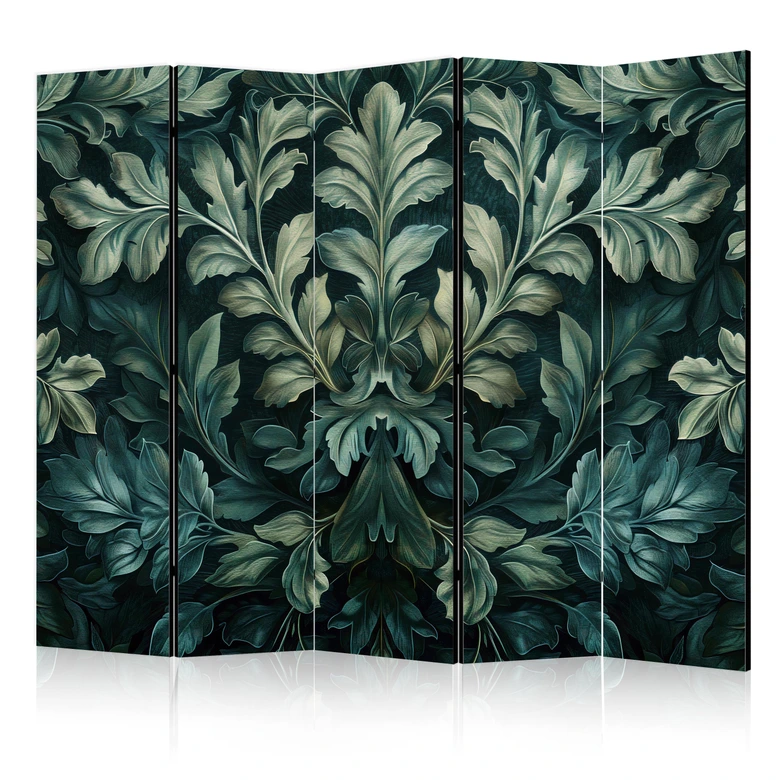 Paravent, Raumteiler freistehend, Trennwand - Dark Green Victorian Leaves - Botanical Carved Composition 