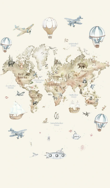 Wall Mural World Map Graphic Kids, non-woven wallpaper classic matt in beige 2,70 x 1,59 m 