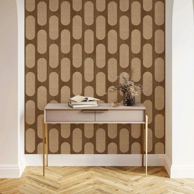 Non-woven tapet i brun beige trälook textur trä geometrisk  