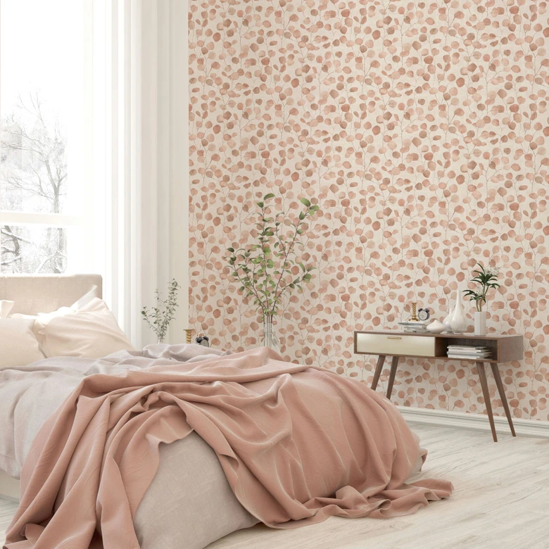 Non-woven wallpaper in beige leaves leaf look floral nature  