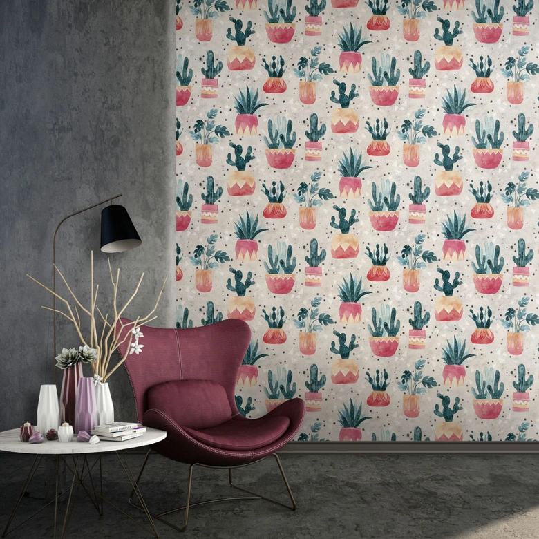 Non-woven tapet i grått grönt rött blommor växter blommig natur modern  