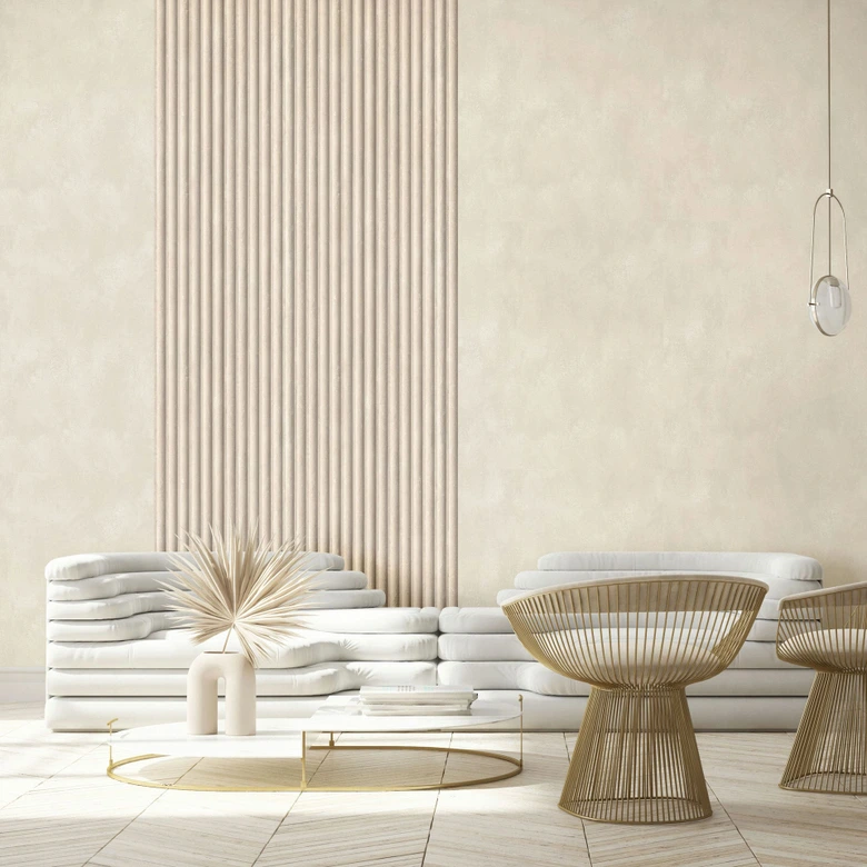 Vliesbehang in grijs-beige 3D-look akoestische paneellook houtstrepen klassiek  