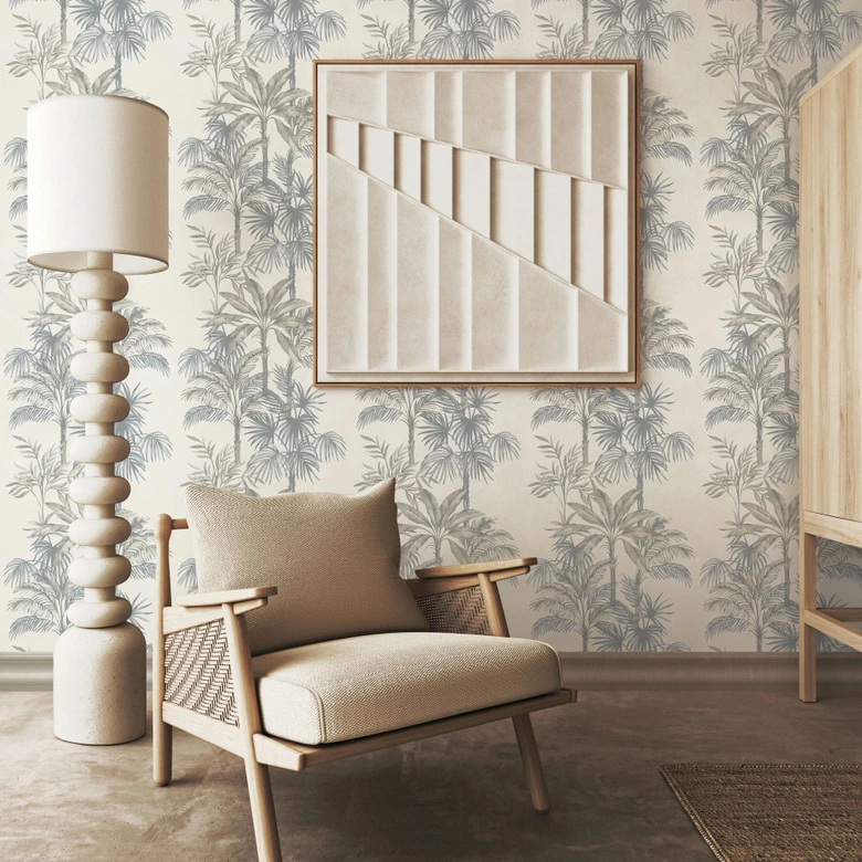 Vliestapete in Beige Bäume Blätter Dschungel Floral Natur  