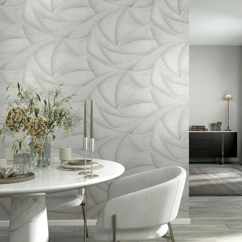 Vliesbehang in grijs, beige 3D-look golvend grafisch modern 
