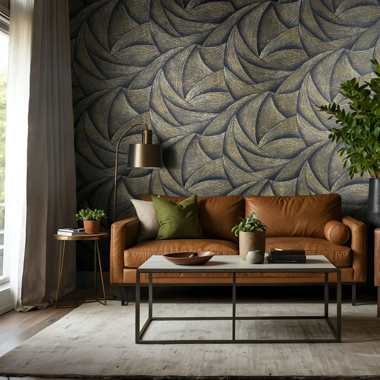 Vliesbehang in zwart, goud 3D-look golvend grafisch modern 