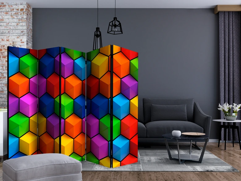 Paravent Séparation de pièce - Boîtes géométriques colorées, 3 pièces 