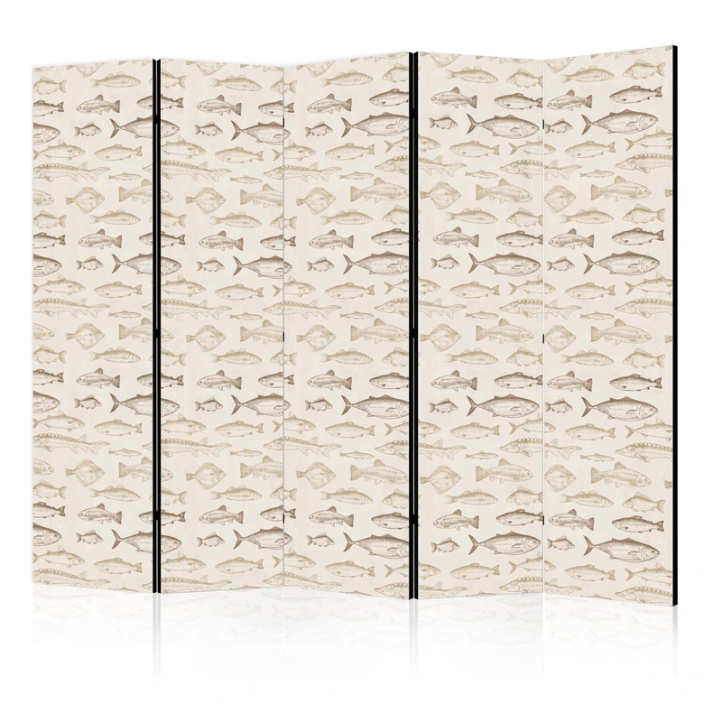 Paravent, Raumteiler freistehend, Trennwand - Fish in Beige Tones Presented in Vintage Style 