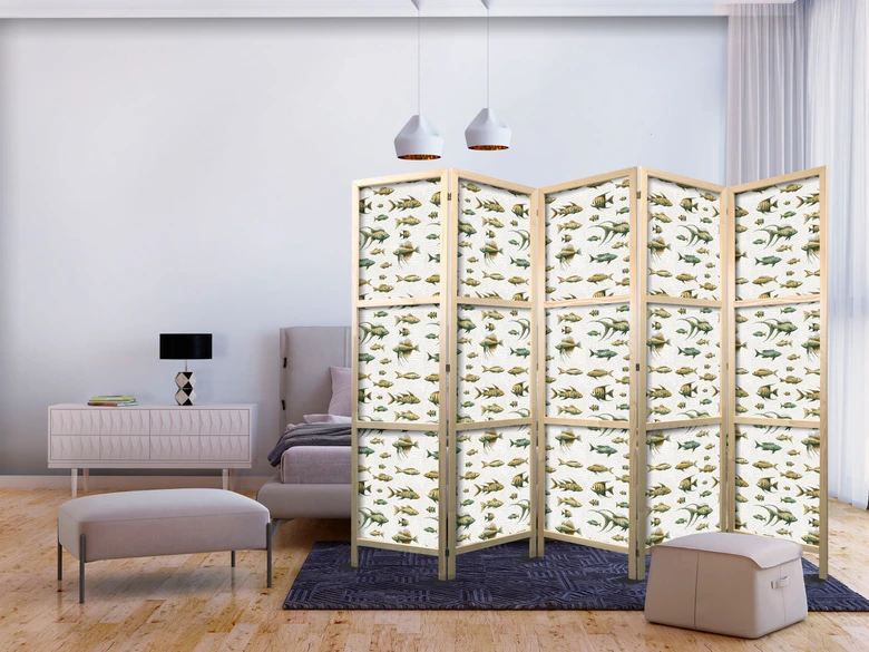 Japanischer Paravent, Raumteiler freistehend, Trennwand - Fish in Beige Tones Presented in Vintage Style 