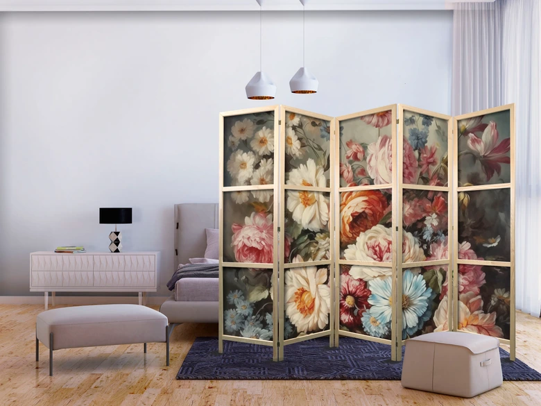 Japanischer Paravent, Raumteiler freistehend, Trennwand - Scent of Nature in Pastel Colors 
