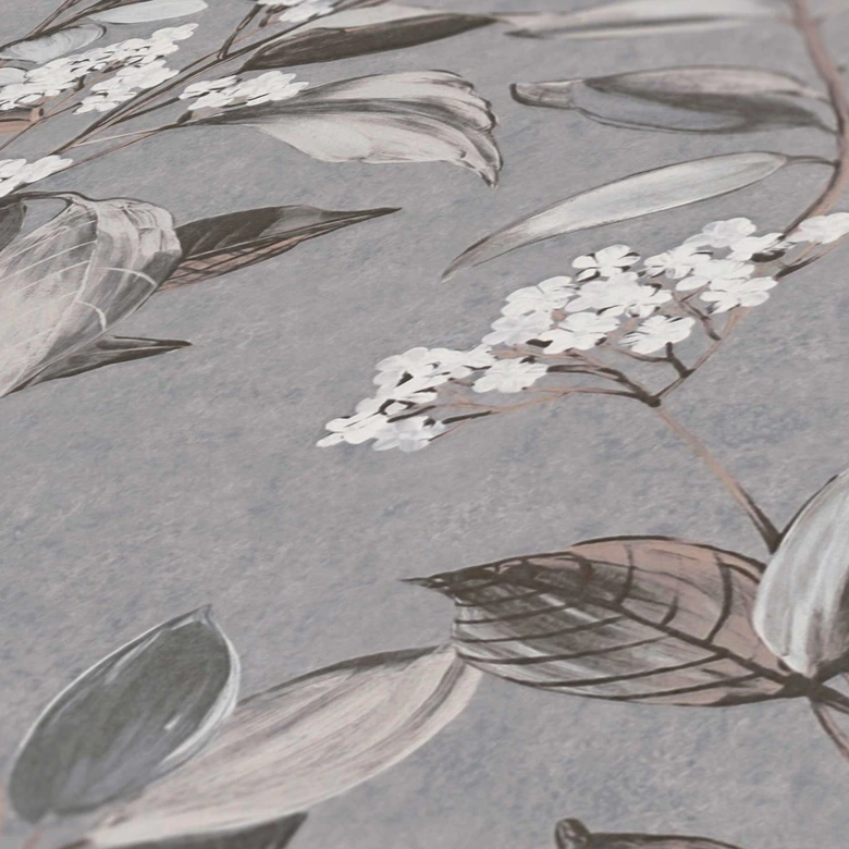 Papier peint fleurs gris blanc - papier peint intissé fleurs style aquarelle 