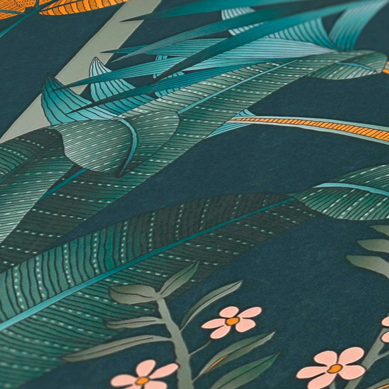 graphic jungle wallpaper blue orange - non-woven wallpaper palm leaves 