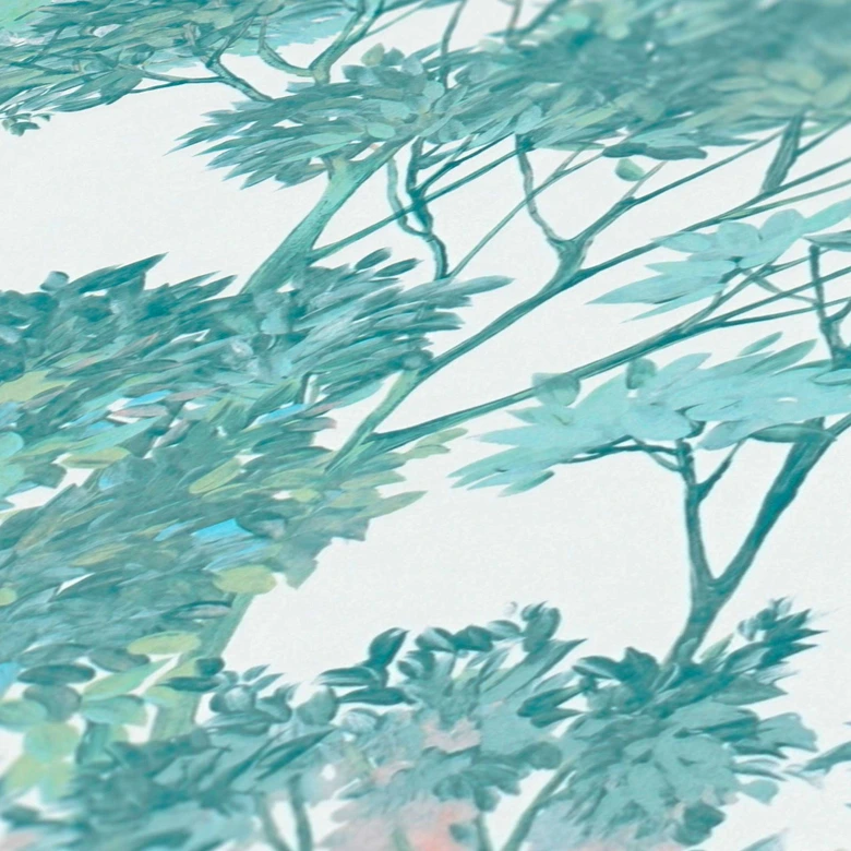 floral fleece wallpaper with trees white green - watercolour wallpaper beige 