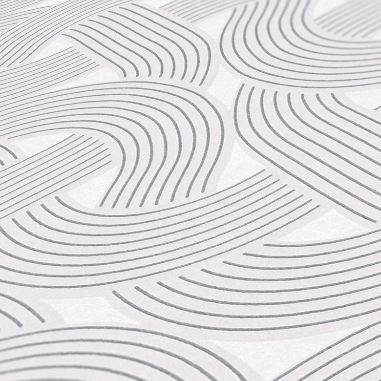 Vliestapete im Art-Deco Style Weiß Silber - Grafik-Tapete mit Linienmuster 