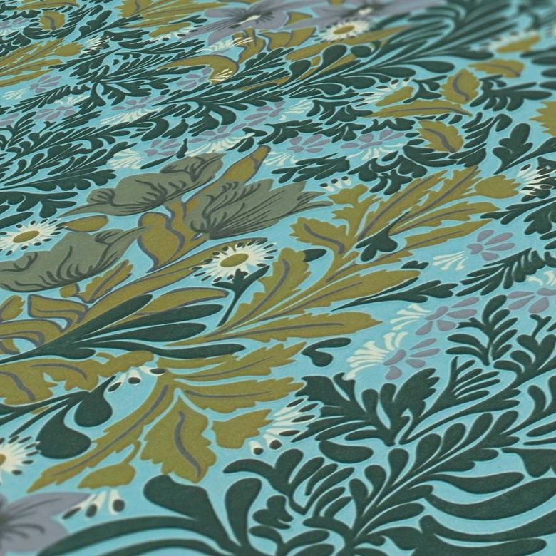 Mustertapete floral Grün Blau - Tapete mit Blumen und Blättern 