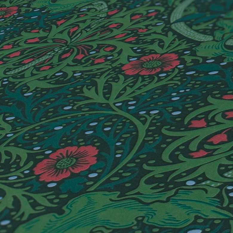 Tapete mit Blumenranken und Blüten Grün Rot - Blumen-Vliestapete floral 