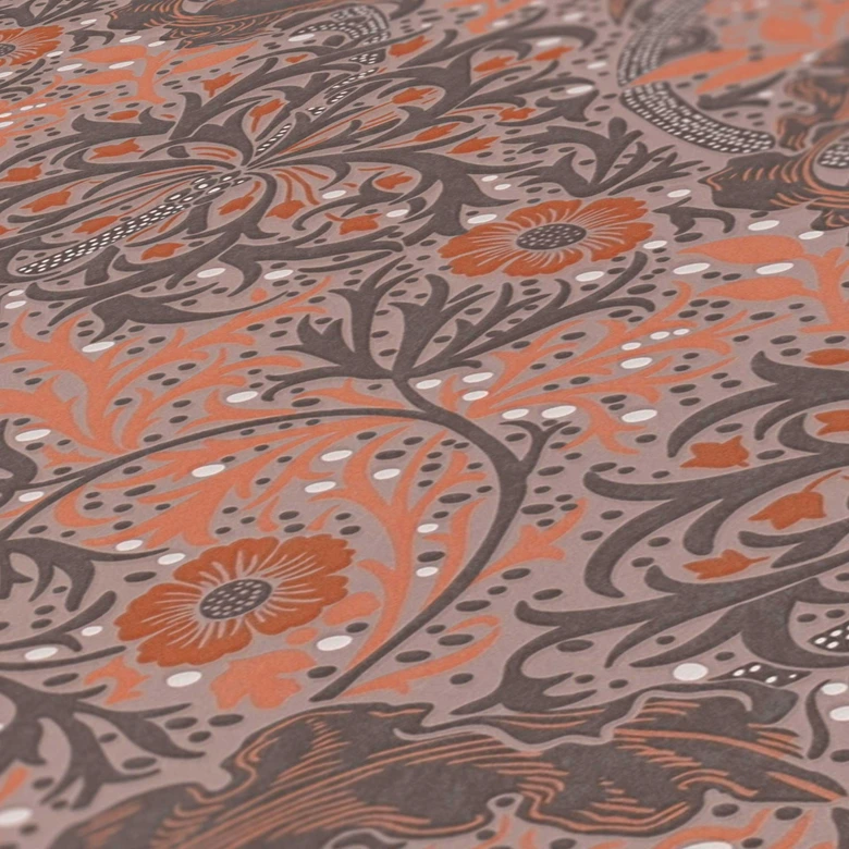 Papier peint avec rinceaux fleuris et fleurs Marron Orange - papier peint intissé floral 