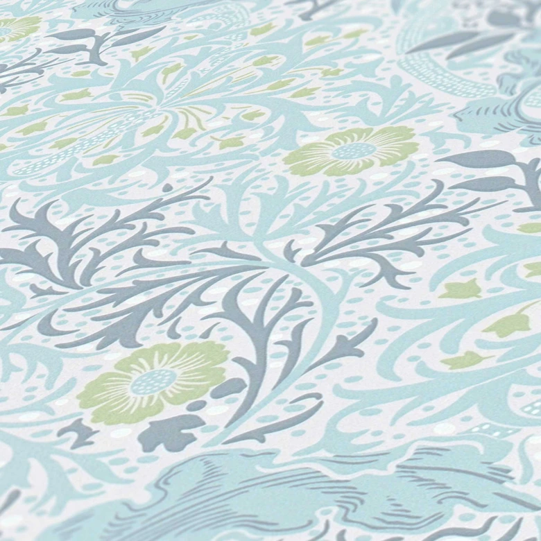 Papier peint avec rinceaux fleuris et fleurs bleu blanc - papier peint intissé floral 