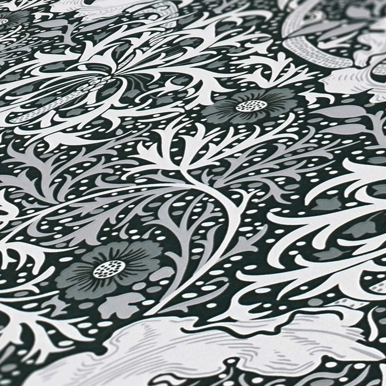 Papier peint avec rinceaux fleuris et fleurs noir et blanc - papier peint intissé floral 