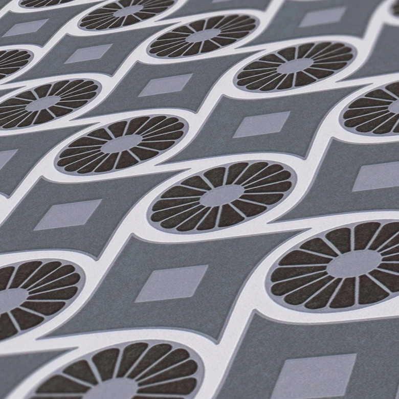 Papier peint graphique avec motif circulaire Noir Blanc - papier peint intissé style rétro 