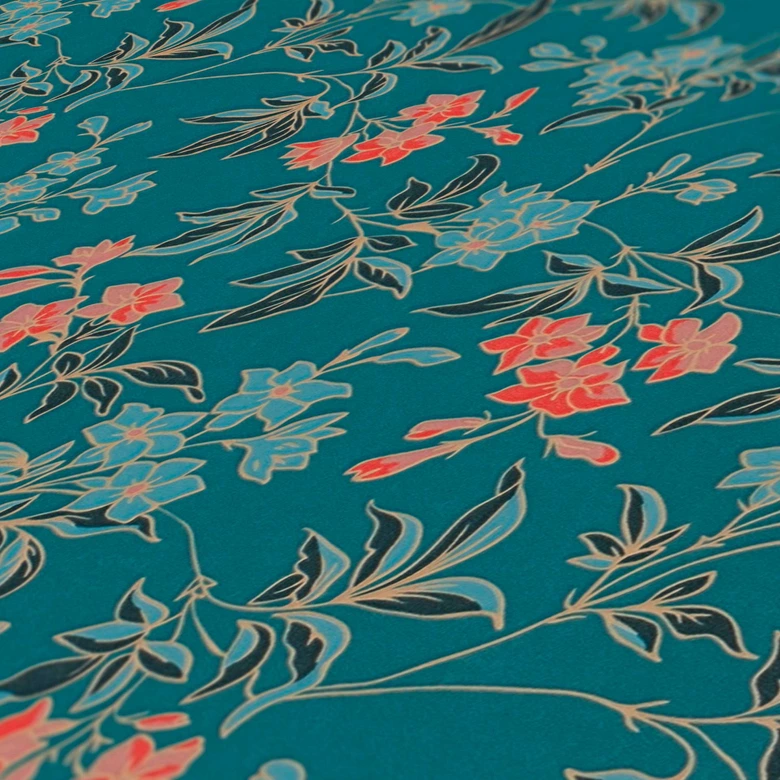Papier peint fleuri avec fleurs rouge bleu - papier peint à motifs floraux moderne - papier peint intissé floral 