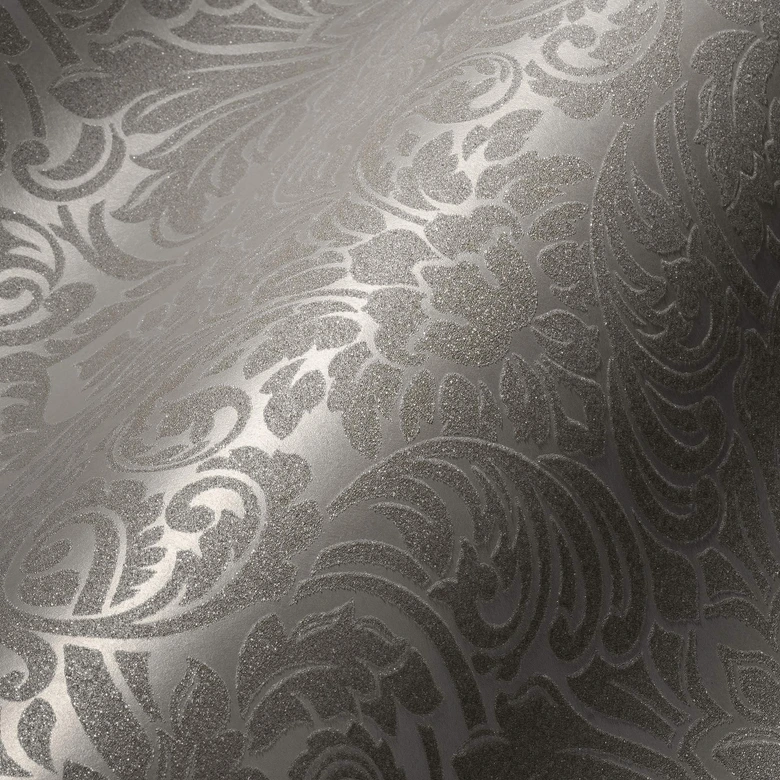 Baroque style wallpaper with glass beads ornamental wallpaper in silver and cream non-woven wallpaper 