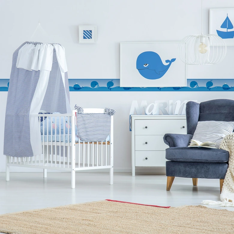 Lovely Kids selbstklebende Kinderzimmer Bordüre Ocean Friends mit süßen Walen und Möwen 