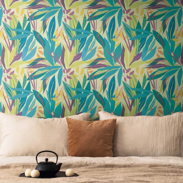 Tapeta tropikalna kolorowa jasnozielona - motyw egzotycznych liści - tapeta z włókniny nowoczesna 