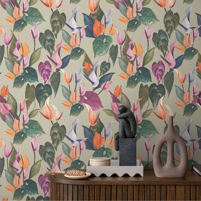 Blomstret tapet anthuriums farverig grøn beige - tropisk blomstermønster - Ikke-vævet tapet 