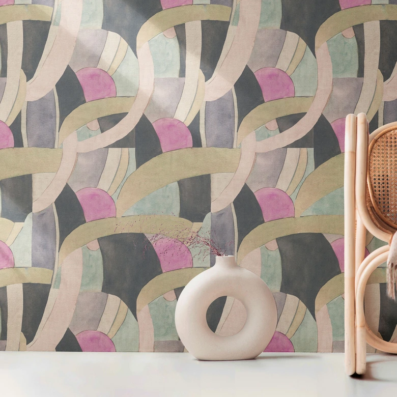 Abstrakte Mustertapete in Rosa Mint Schwarz – Moderne Vliestapete mit Linien 