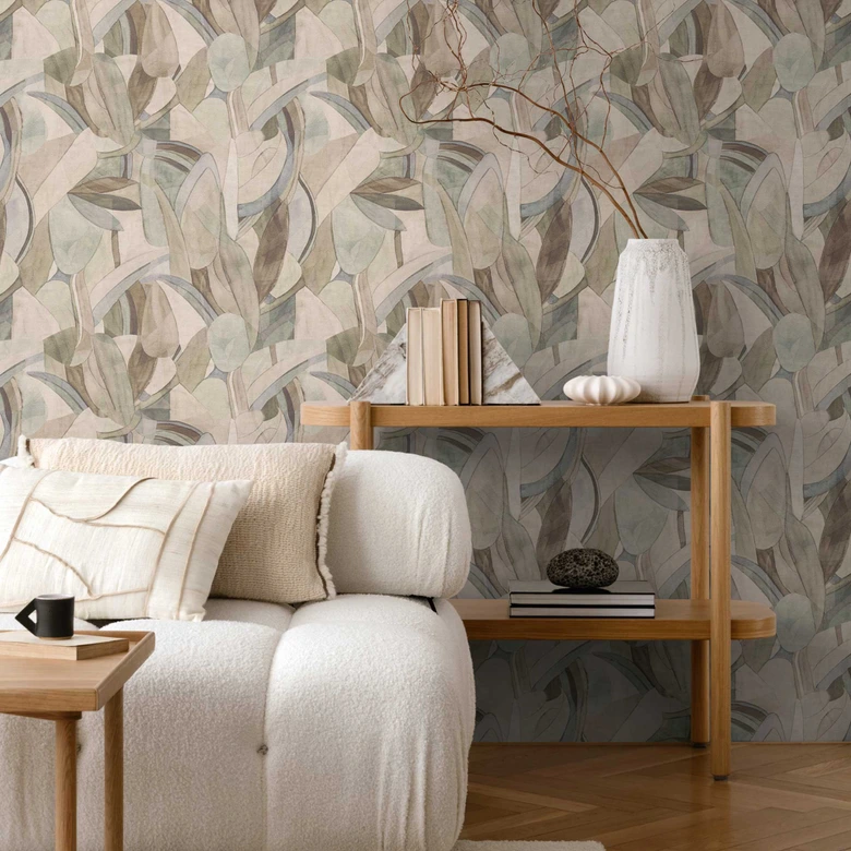 Abstrakte Blätter-Tapete in Beige Grün Blau – Sanfte Naturtöne – Vliestapete 