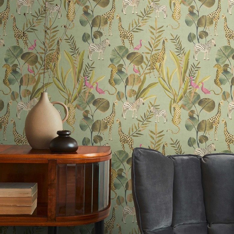 Safari tapet mintgrön färgglad - Icke-vävd tapet med djur och löv - mönster tapet 