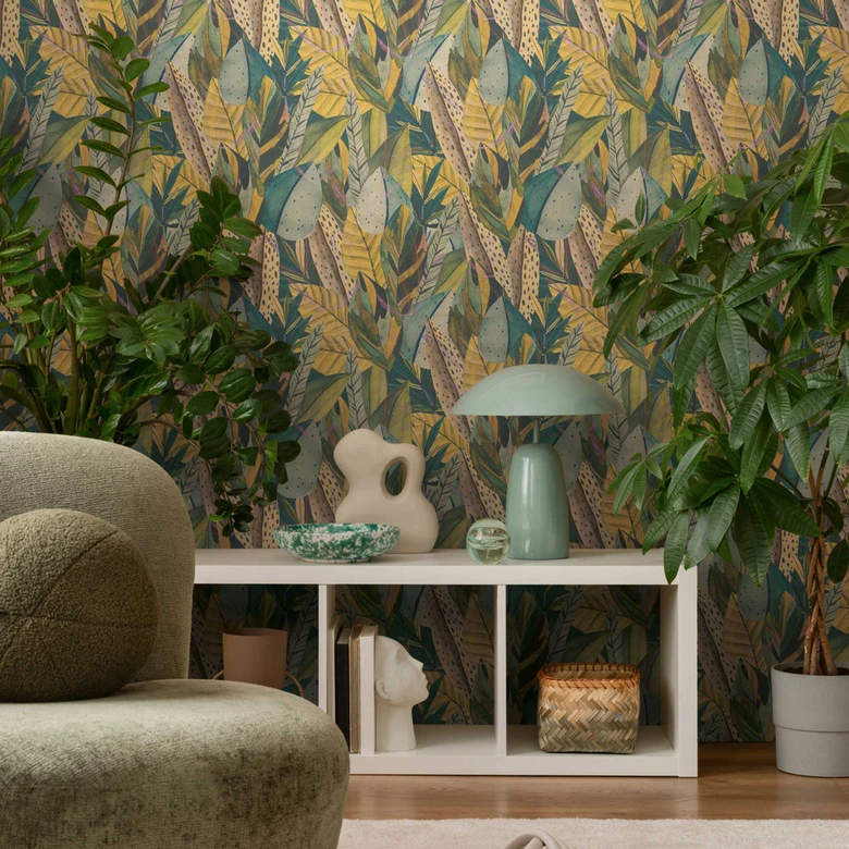 Dschungel-Tapete Gelb Grün – Bunte Blattoptik tropisch – Vliestapete modern 
