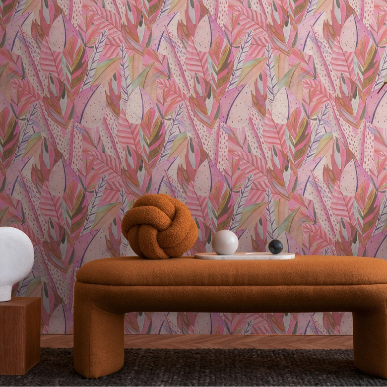 Djungel tapet rosa lila - exotiska blad starka färgglada - Icke-vävd tapet modern 