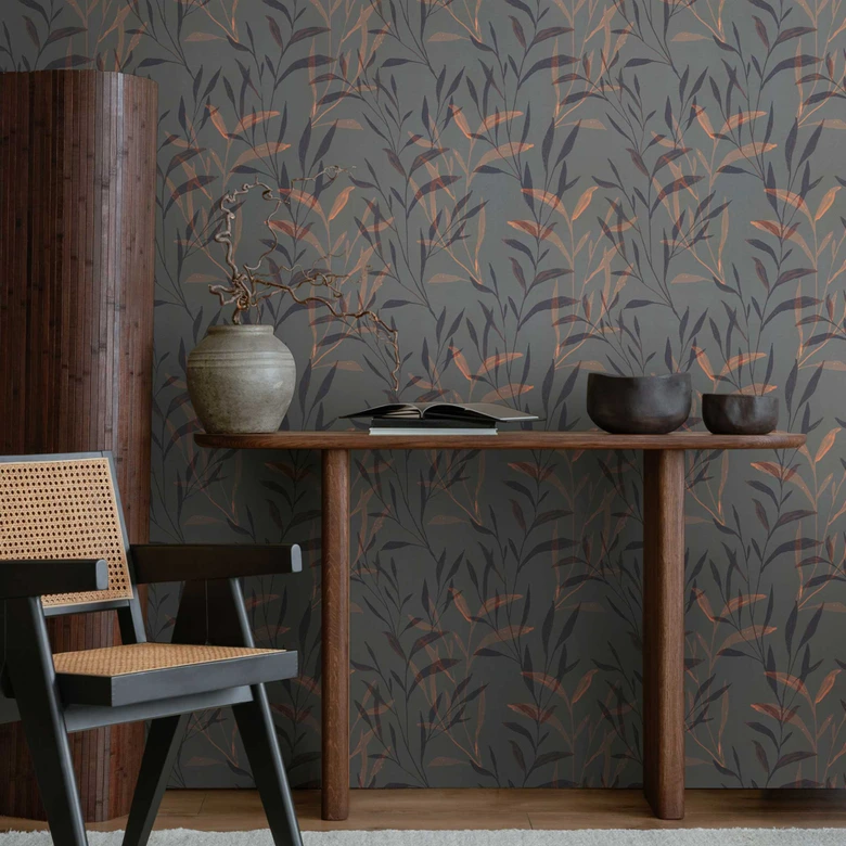 Papel pintado Hojas gris oscuro cobre - ramitas modernas mate - Papel pintado no tejido con brillo 