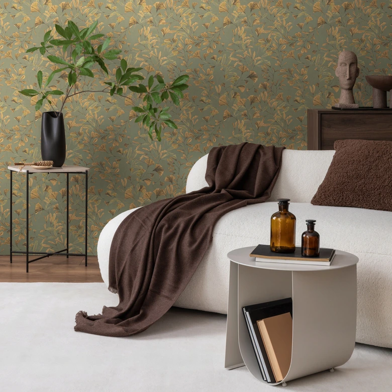 Florale Tapete Ginkgo-Blätter Grün Gelb – Naturmotiv mit Zweigen – Vliestapete modern 