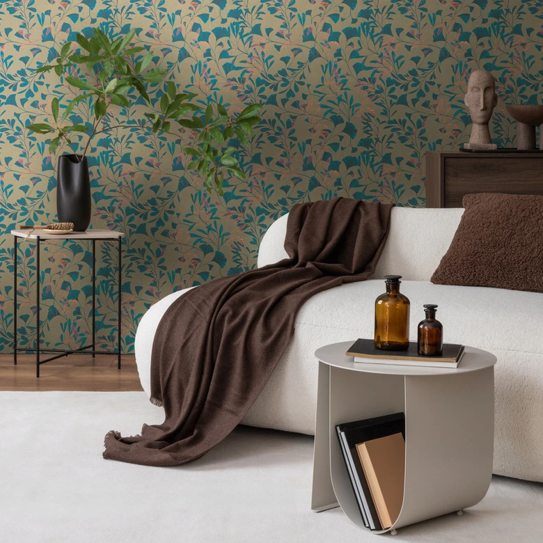 Blätter-Tapete Ginkgo Blau Beige – Vliestapete mit Kupferakzenten – Modernes Naturmotiv 
